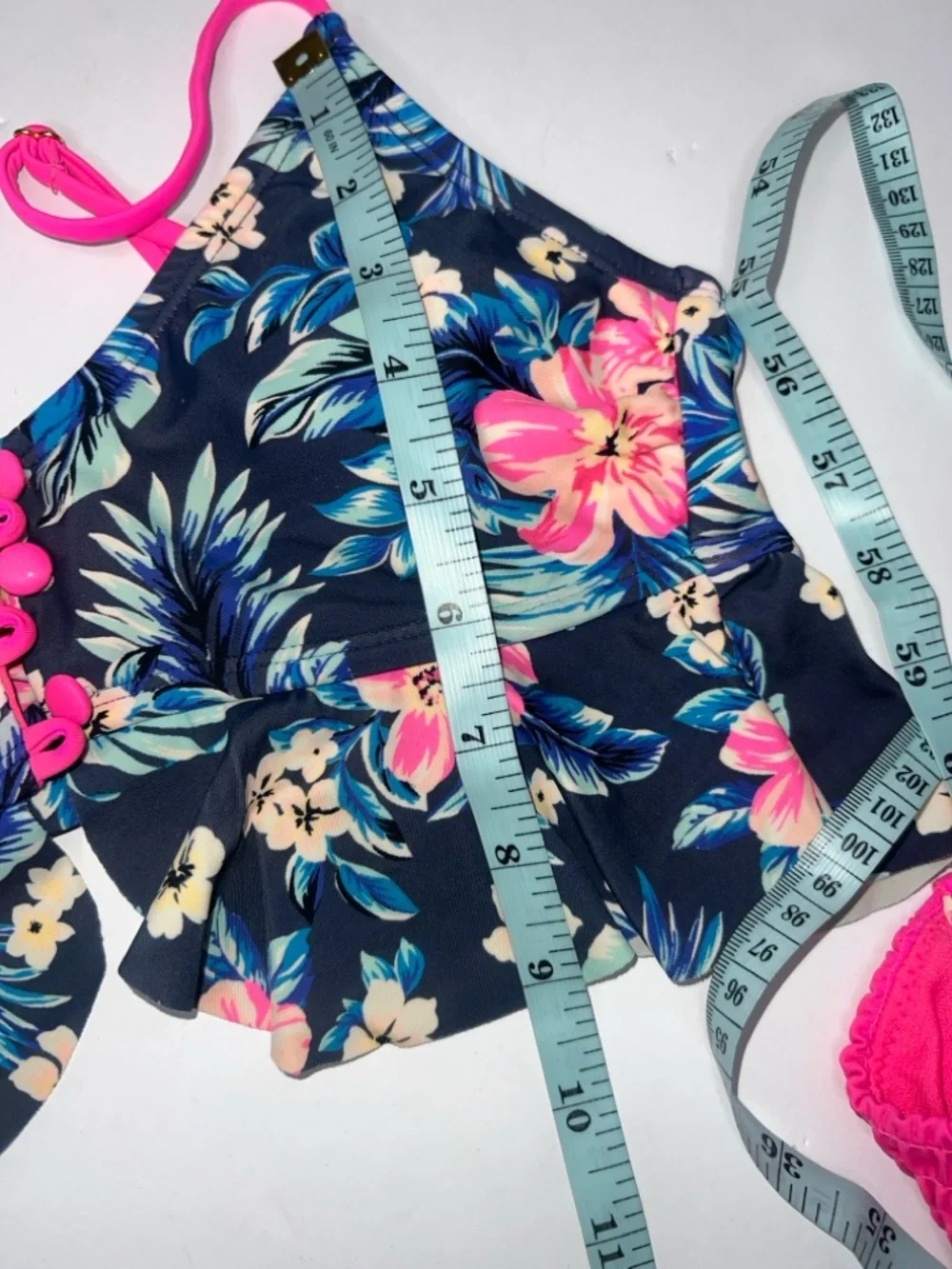 Arizona Jean Navy Floral Top with Hot Pink Bottoms Girls Swim Set size small